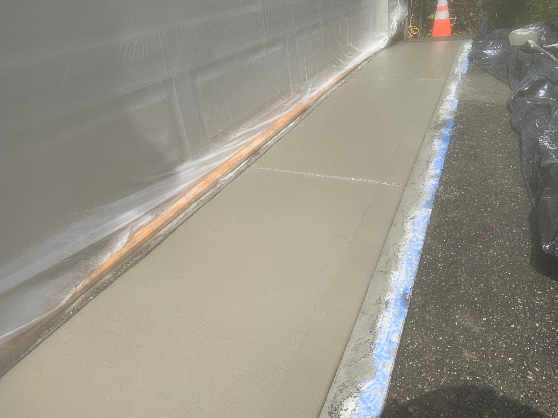 Freshly poured concrete walkway with clean forms along a Seattle-area garage
